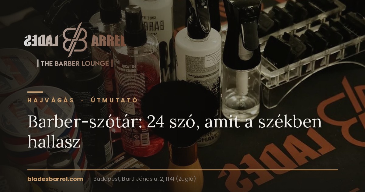 Barber eszközök és hajápolási termékek a Blades & Barrel pultján: ollók, trimmerfejek, borotvapamacs