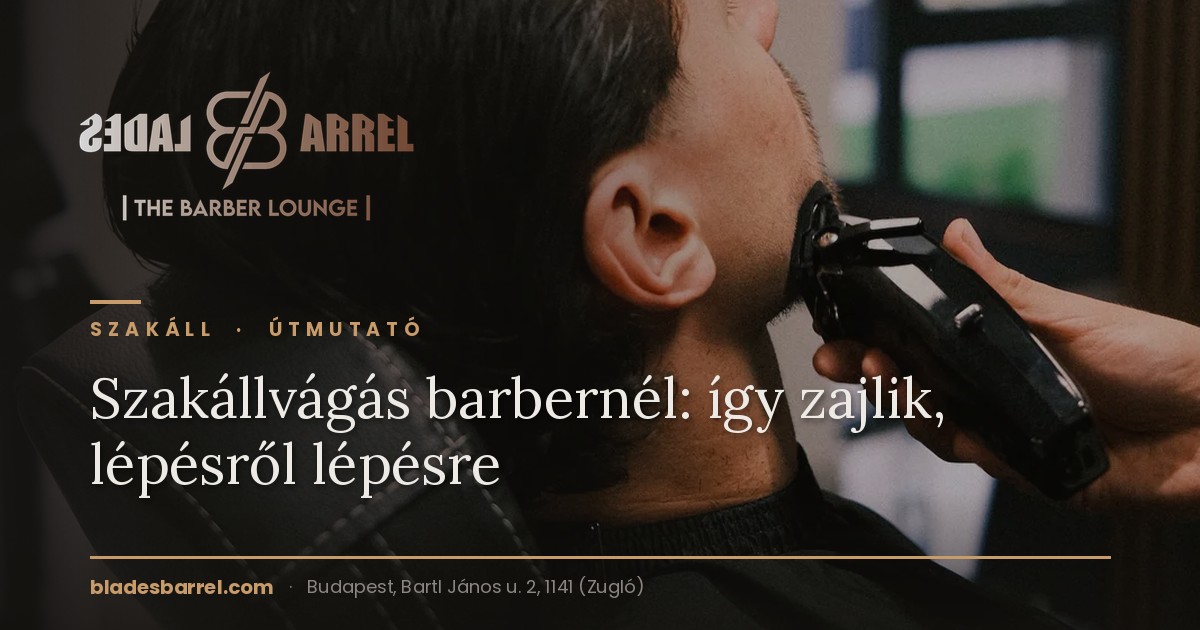 Barber trimmerrel formázza a vendég szakállát a Blades & Barrel zuglói barbershopban